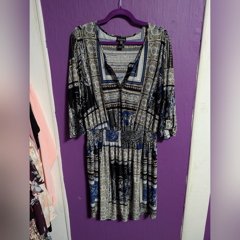 💜 Enfocus Studio Black Paisley Floral Short Cuffed Sleeve Midi Dress 2X 20